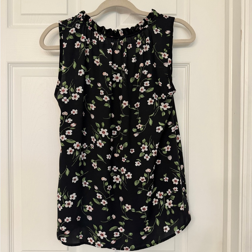 Ruffled Neck Black Floral Sleeveless Camisole